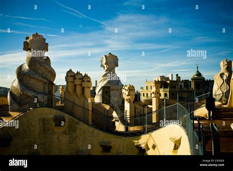 Roof top of La Pedrera-Casa Mila in Barcelona. Casa Milà is a building designed by the Catalan ...