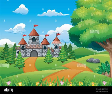 Cartoon Illustration of Castle on hill Landscape Stock Vector Image & Art - Alamy