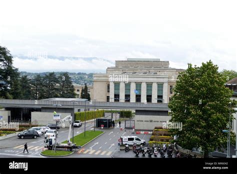 Entrance to the United Nations Headquarters, Geneva, Switzerland. This ...