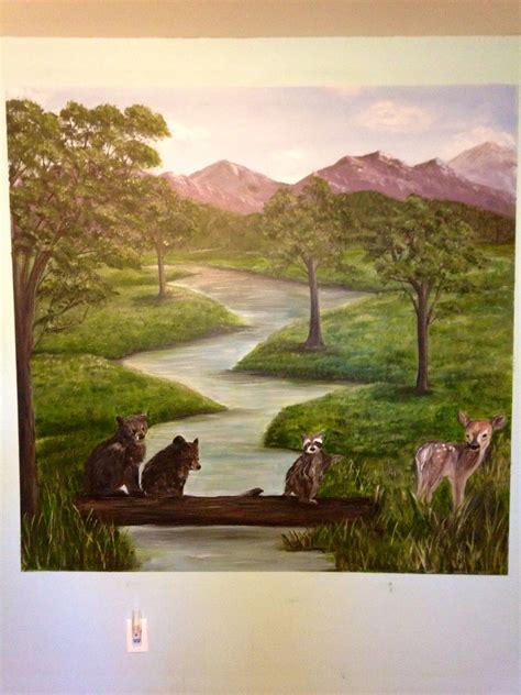 a painting of cats sitting on a log in front of a river