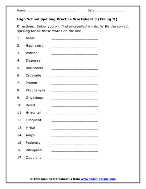 High School Spelling Practice Worksheet 3