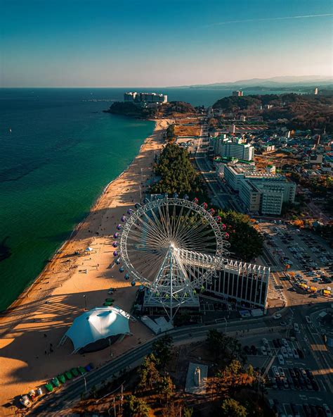 Aerial view of the Sokcho Beach and the Sokcho Eye Ferris Wheel, Sokcho ...