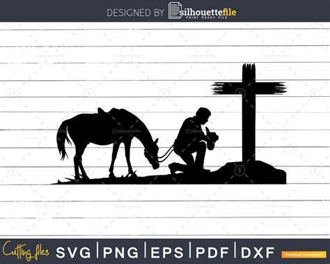 Cowboy with Horse Kneeling Praying at Memorial Cross SVG cricut cut File | Silhouettefile ...