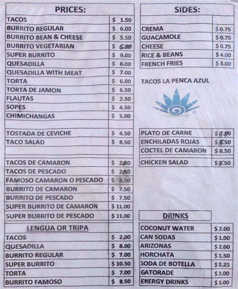 Menu at La Penca Azul Taco Truck restaurant, Oakland, 720 High St