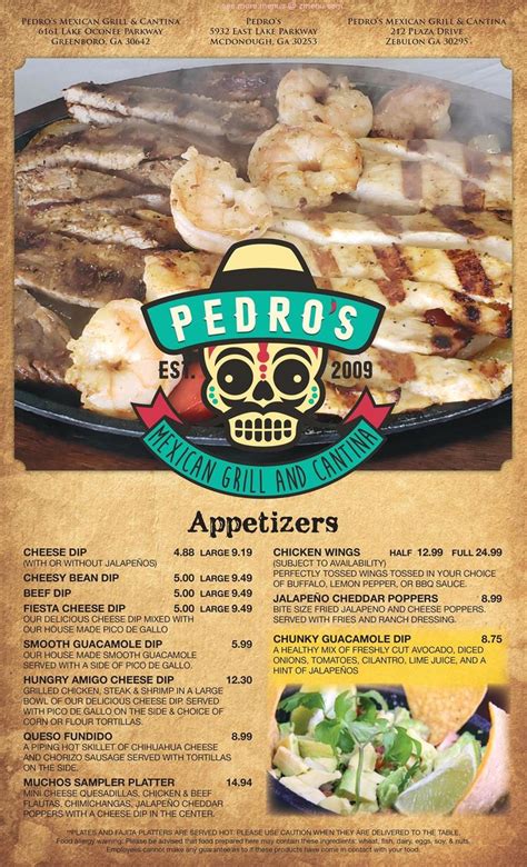 Menu at Pedro's Mexican Grill and Cantina restaurant, Zebulon