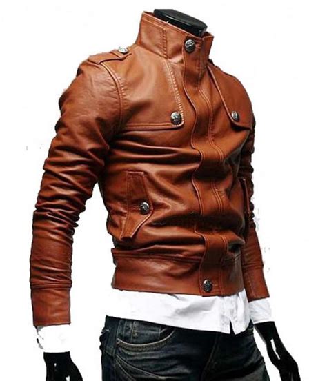 Biker Slim Fit Button Front Tan Brown Leather Jacket - Jackets Masters