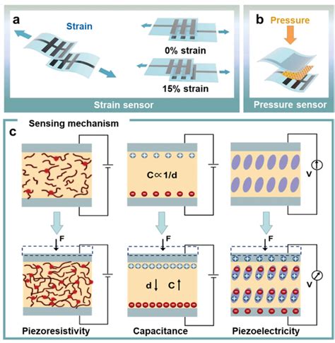 Schematic illustration of a) strain sensors and b) pressure sensors ...