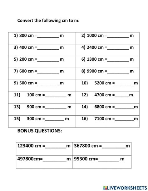 Conversion- cm to m worksheet | Live Worksheets - Worksheets Library