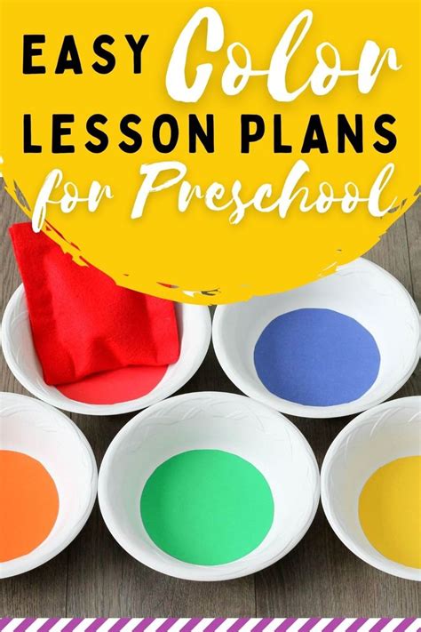 four bowls with colored paint in them and the words easy color lesson plans for preschool