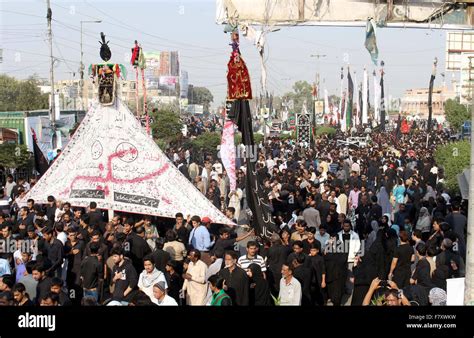 Mourners of Imam Hussain (A.S) are attending procession in connection of 40th Day of Martyrdom ...