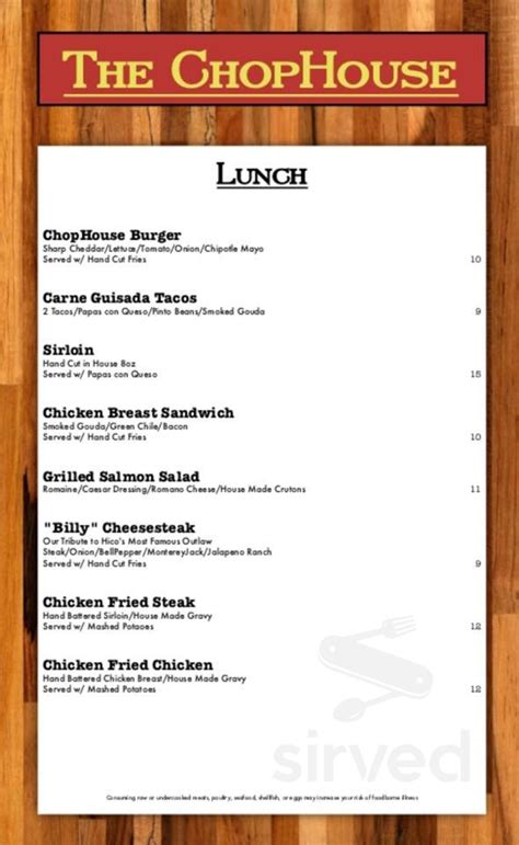 The Chop House menu in Hico, Texas, USA