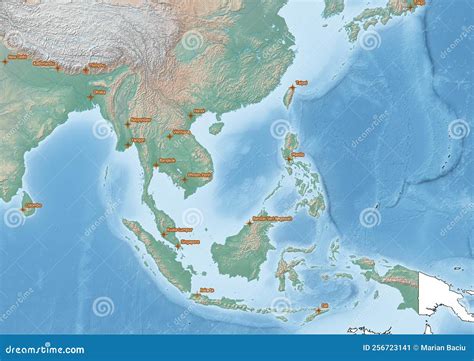 South East Asia Continent Illustration with the Capitals of the Countries Stock Illustration ...