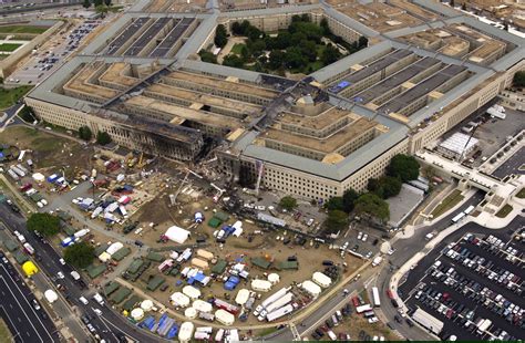 File:An overall aerial view, two days later, of the impact point on the Pentagon where the ...