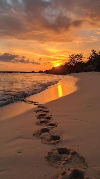 Premium AI Image | A beach with a sunset and footprints in the sand