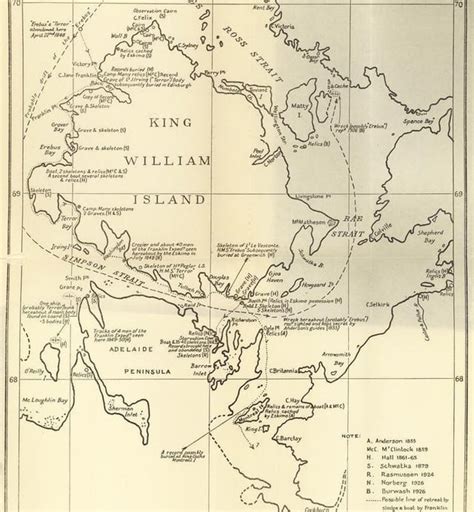 A map of King William Island showing the locations of several relics found from the lost ...