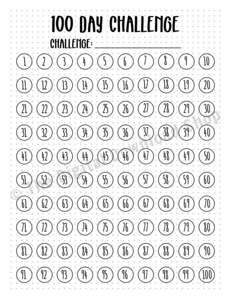 100 Day Challenge Printable, Bullet Journal 100 Day Project Worksheet, Bujo 100 Day Challenge ...