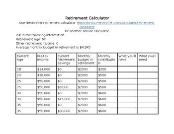 Retirement Calculator by Miss Holladay's Special Education | TPT