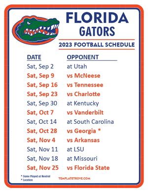 Printable 2023 Florida Gators Football Schedule