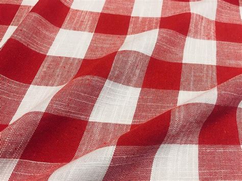 Red & White Gingham Linen Checked Linen Fabric Plaid Material Buffalo Check Cotton Yarn -140cm ...