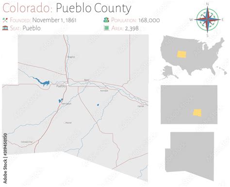 Large and detailed map of Pueblo county in Colorado, USA. Stock Vector | Adobe Stock