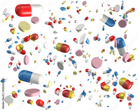 Pills and capsules falling. PNG file with transparent background. 3D illustration. Medicine ...