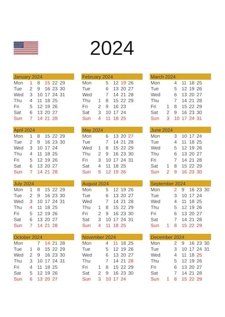 Calendario del año 2024 en inglés con días festivos de Estados Unidos ...