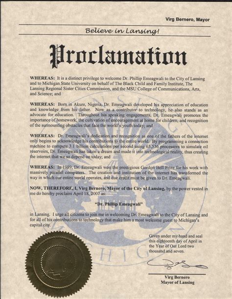 Proclamation of April 18 as Philip Emeagwali Day in City of Lansing, Michigan