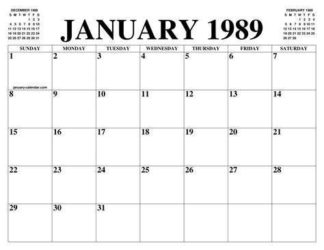 JANUARY 1989 CALENDAR OF THE MONTH: FREE PRINTABLE JANUARY CALENDAR OF THE YEAR - AGENDA