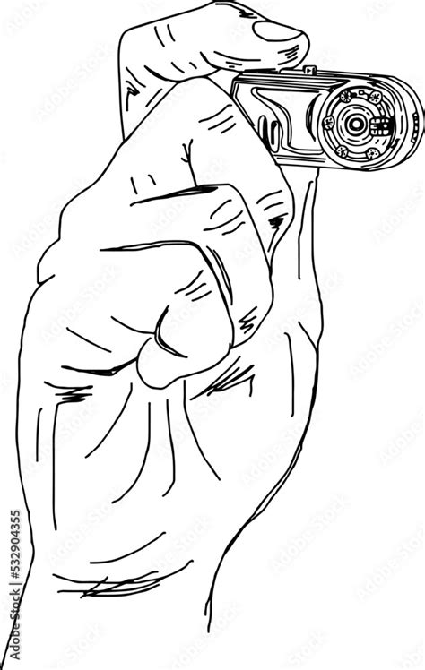 Man holding mini spy camera, Press reporter hand holding small spy camera line art vector ...