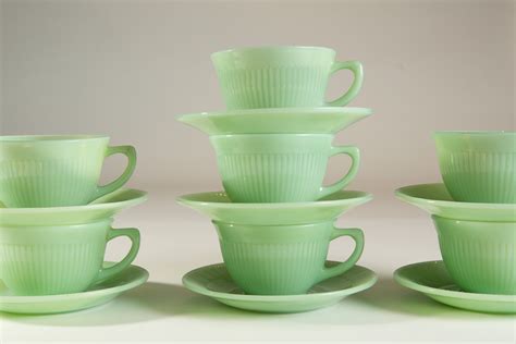 Vintage Jadeite Mugs - Green Milk Glass Mugs and Saucers - 8oz Coffee or Tea Mugs - Fire King ...