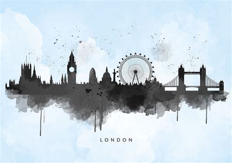 London Skyline Watercolour Abstract Art Print, Black on Blue Wash Background – Straightupart.com