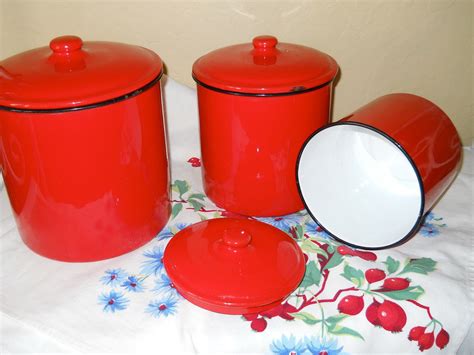 Vintage Red Enamel Canister Set