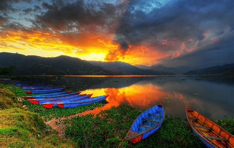 HD wallpaper: landscape photography of canoes near lake during sunset ...