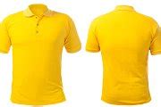 Blank collared shirt mock up template, front and back view, isolated on white, plain yellow t ...