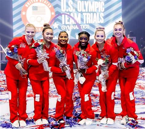 Team USA Gymnastics members selected for the Tokyo 2020 Olympics after the trials, from left ...