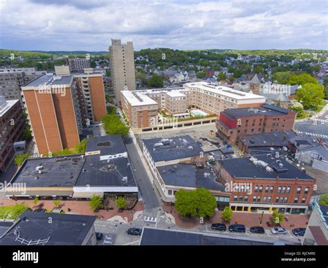 Malden city aerial view on Centre Street in downtown Malden, Massachusetts, USA Stock Photo - Alamy