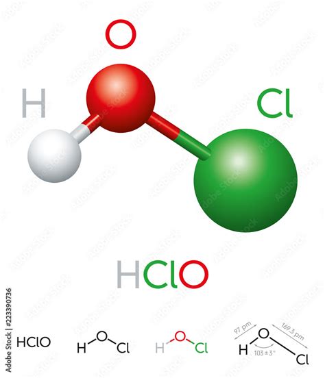 HClO. Hypochlorous acid. Molecule model, chemical formula, ball-and ...