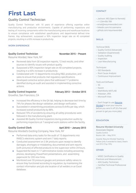 Quality Control Resume Examples For 2023 Resume Worded, 47% OFF