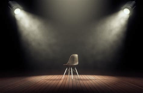 Spotlights illuminate empty stage with chair in dark background. 3d rendering - Proscribe