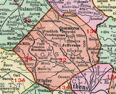 Jackson County, Georgia, 1911, Map, Jefferson, Commerce, Maysville, Hoschton