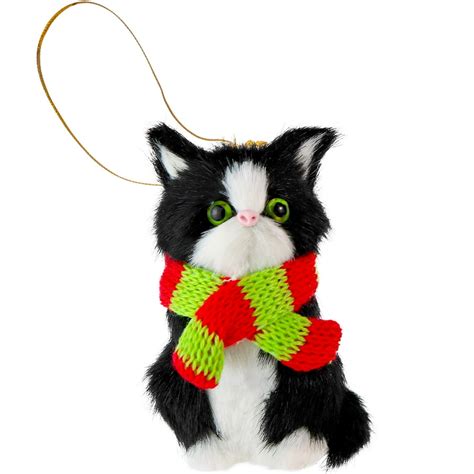 Ornativity Christmas Mini Cat Ornament - Furry Black Kitten with Scarf Holiday Tree Hanging ...