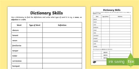 Dictionary Skills Word Table Worksheet (teacher made)