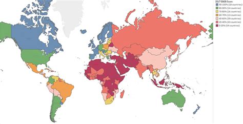 This figure shows the world map color-coded by 2017 GBGR score ...