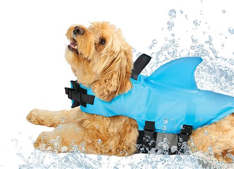 SwimWays Sea Squirts Dog Life Vest w/Fin for Doggie Swimming Safety, Color: Blue ...