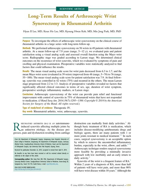 (PDF) Long-Term Results of Arthroscopic Wrist Synovectomy in Rheumatoid Arthritis