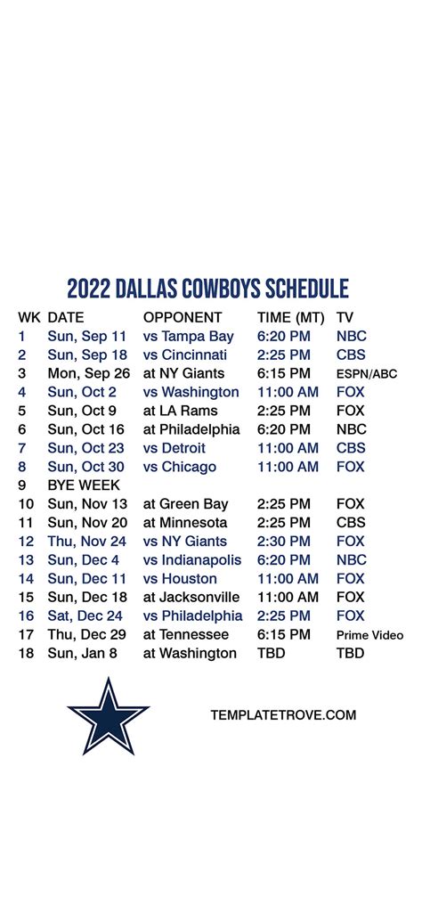 2022-2023 Dallas Cowboys Lock Screen Schedule for iPhone 6-7-8 Plus