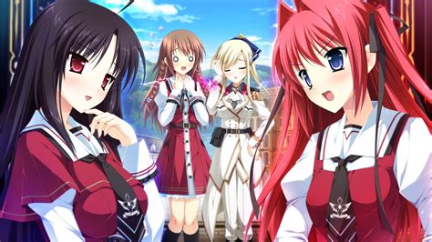 Two long black and red hair anime female characters wearing red and white custom school uniforms ...