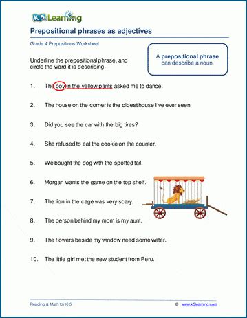 Prepositional phrases as adjectives worksheets | K5 Learning