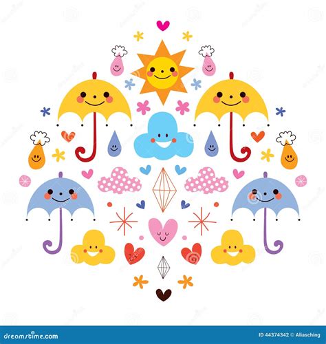 Cute Umbrellas Raindrops Flowers Clouds Characters Vector Illustration Stock Vector - Image ...