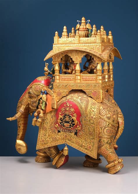 40" Large Wooden Elephant with Embossed Ambari | Exotic India Art